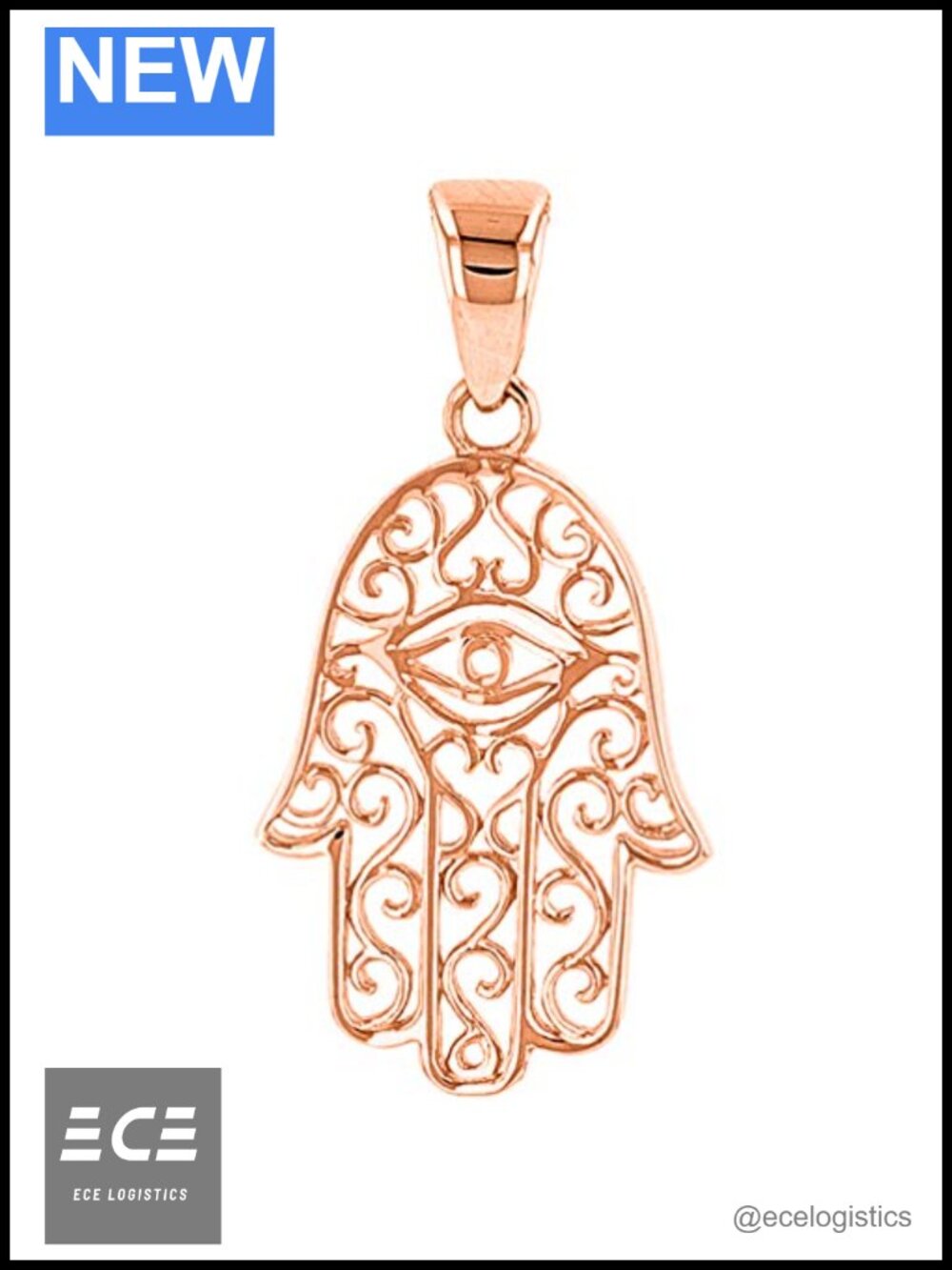 14K Rose Gold Filigree Hamsa Hand Evil Eye Charm Pendant